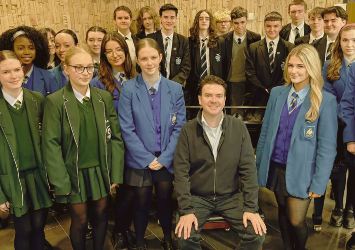 Cathal Breslin (pianist) with local school students in Derry as part of the outreach programme, Walled city music festival 2026