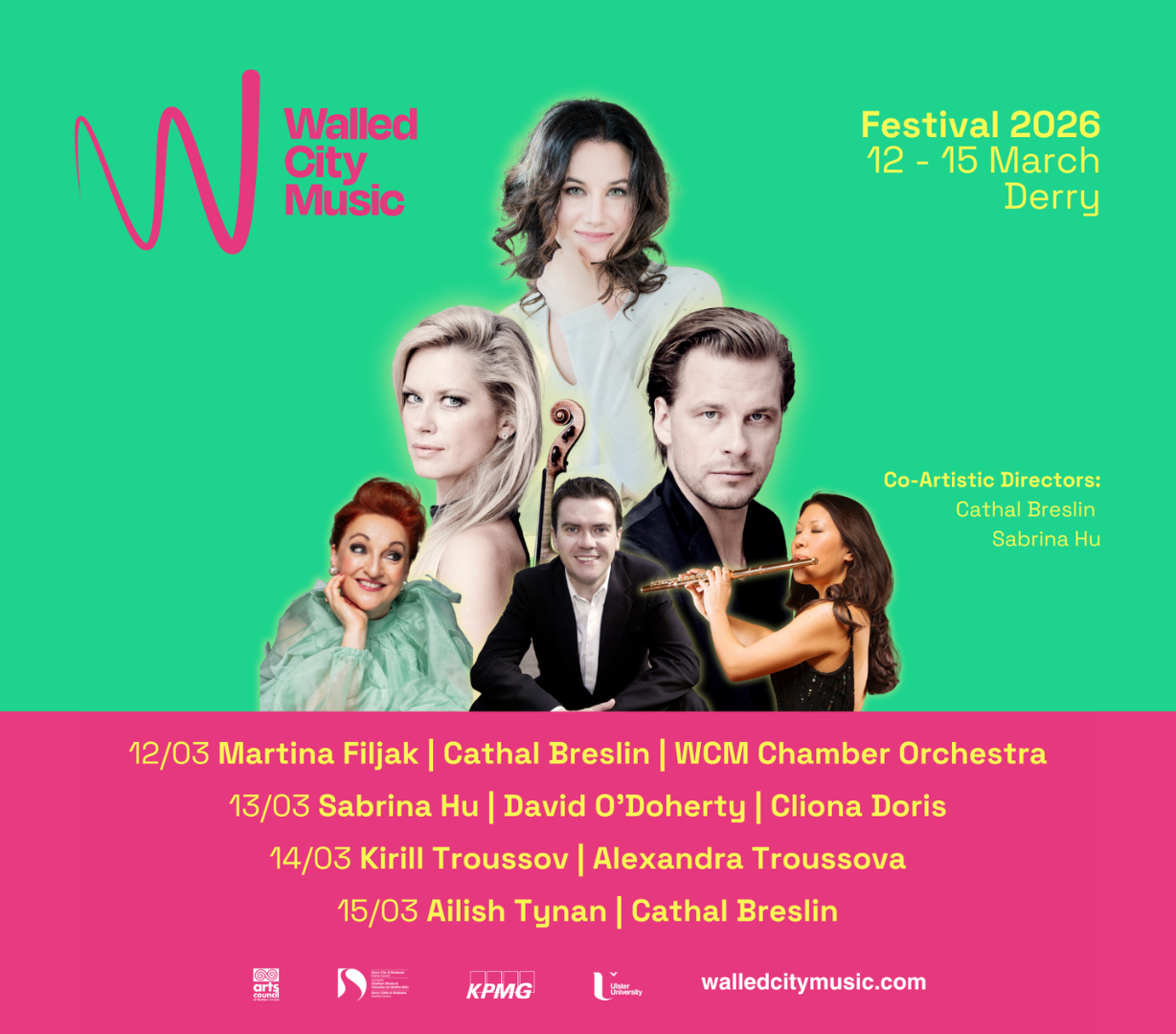 walled city music festival poster in green and pink with a list of famous classical musicians