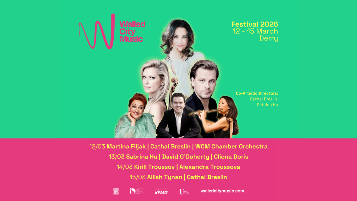 walled city music festival poster in green and pink with a list of famous classical musicians