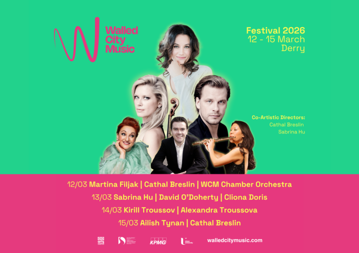 walled city music festival poster in green and pink with a list of famous classical musicians